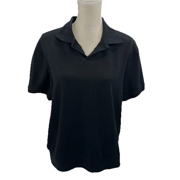 Zara Vertical Textured Polo Shirt Women’s Large Short Sleeve Ribbed Black - Picture 2 of 7